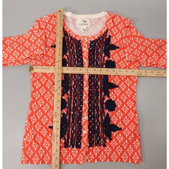 Tabitha Anthropologie Cardigan Medium Orange Floral Fine Knit Embroidery Brunch - Picture 9 of 15
